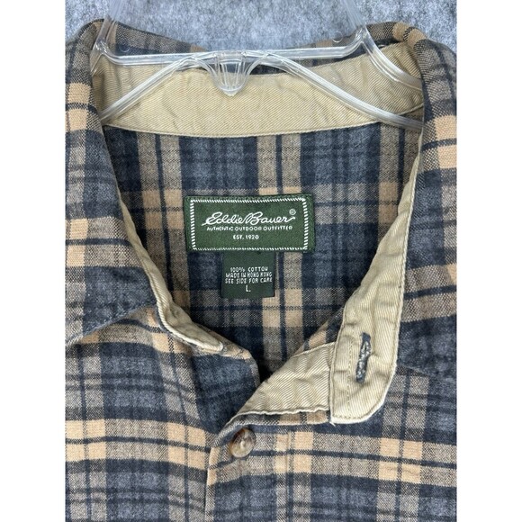 Eddie Bauer Chamois Flannel Shirt Plaid Men’s Size L Heavy Cotton Tan Gray Gorp - Picture 8 of 8